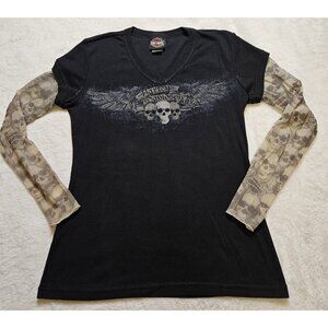 Vintage Y2K Harley Davidson Women's L Tattoo Mesh Skull Sleeve Black Top USA